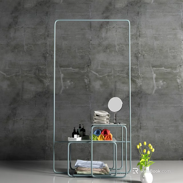 Light Blue Glass Shelf In Gray Wall Background With Mirror Stacked Towels And Yellow Flowers 3d model 