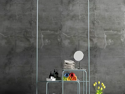 Light Blue Glass Shelf In Gray Wall Background With Mirror Stacked Towels And Yellow Flowers 3d model