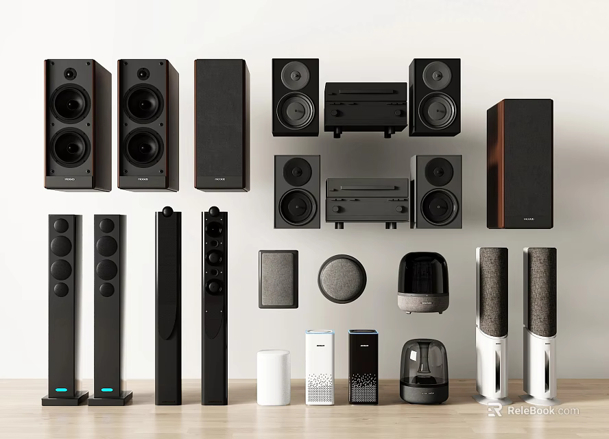 Headphones and Speakers Including Floorstanding Bookshelf and Compact Types with Modern Design 3d model 