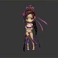 Chibi Game Movie Character Wearing Purple Outfit With Long Hair Flower Accessories And Flowing Ribbons