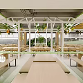 Modern Open Restaurant Interior With Yellow Green Pendant Lights Wooden Tables And Chairs Glass Dividers