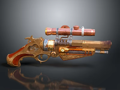 Steampunk Pistol with Copper Scope Golden Brass Body and Wooden Grip 3d model