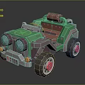 Green Cartoon Toy Car With Large Wheels Pink Rims And Rolled Cargo On Roof