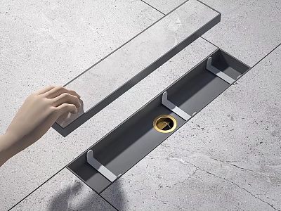 Bathroom Accessories In Floor Drain With Golden Detail And Gray Tiles Hand Lifting Cover 3d model