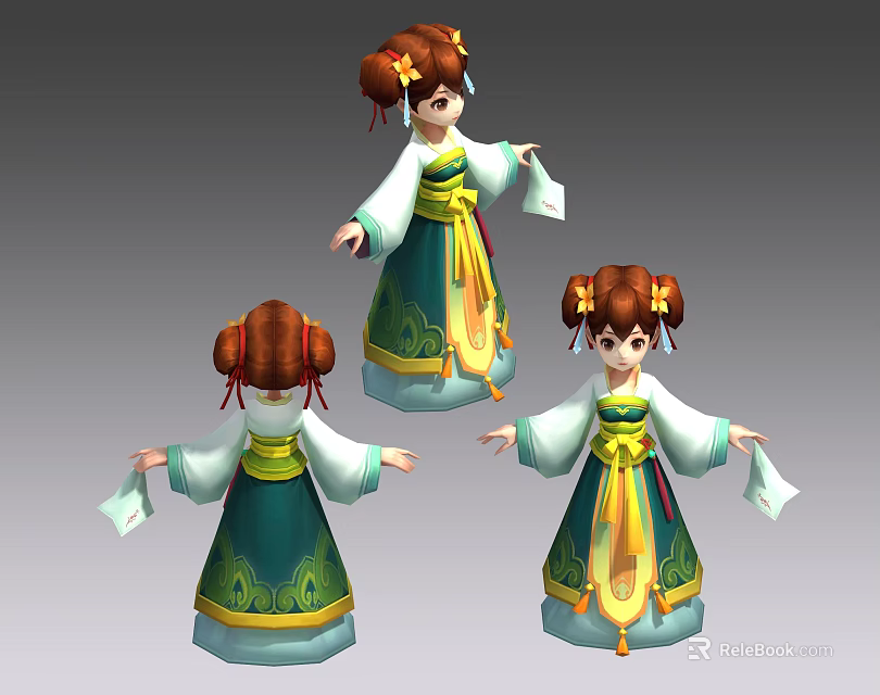 Cartoon Game Character Traditional Green Yellow Costume With Double Buns Flower Decorations Holding White Cloth 3d model 