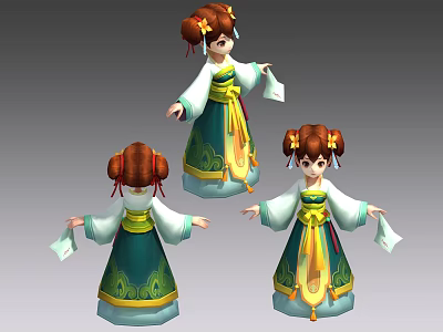 Cartoon Game Character Traditional Green Yellow Costume With Double Buns Flower Decorations Holding White Cloth 3d model