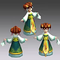 Cartoon Game Character Traditional Green Yellow Costume With Double Buns Flower Decorations Holding White Cloth