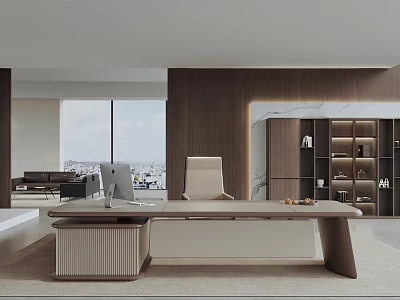 Modern Office Interior With Large Windows City View Desk Chair And Bookshelf 3d model