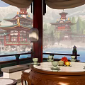 Traditional Chinese Ancient Architecture Pavilions Towers with Upturned Eaves by Waterfront Surrounded by Mountains Trees