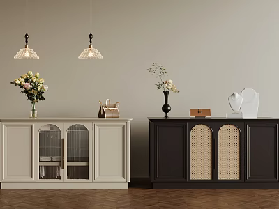 Stylish Interior Decor With Light And Dark Cabinets Featuring Vase Handbag And Decorative Objects 3d model