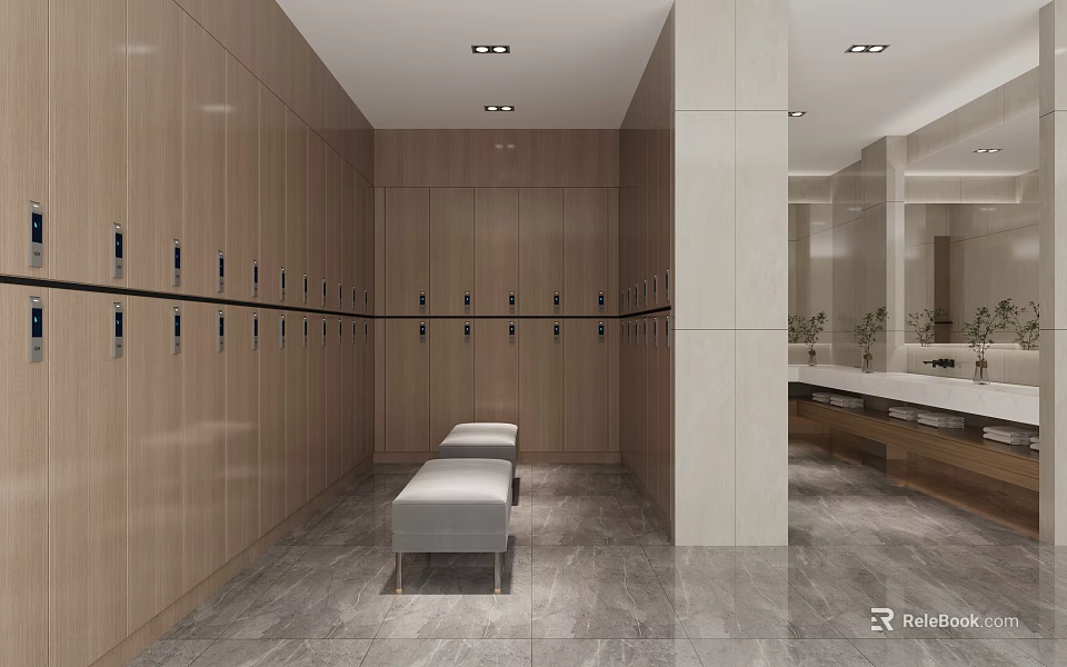 Modern Locker Room Interior With Wooden Lockers Gray Bench And Marble Floor 3d model 