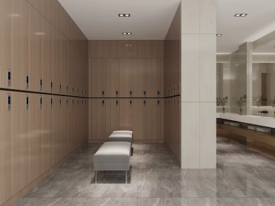 Modern Locker Room Interior With Wooden Lockers Gray Bench And Marble Floor 3d model