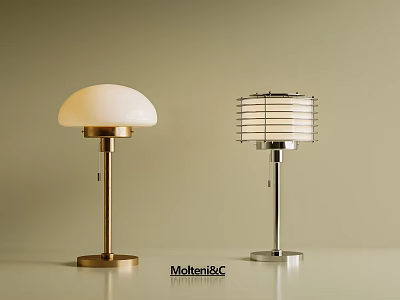 Two Modern Table Lamps With White Dome And Grid Shades Gold Silver Bases By MolteniC 3d model