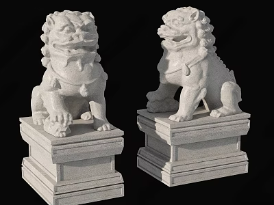 Traditional Stone Lion Sculptures With White Stone Base And Classic Design 3d model