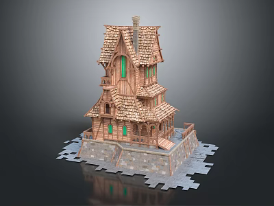Cartoon Style Multi storey Wooden House Scene With Green Windows Tiled Roof And Stone Base 3d model
