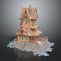 Cartoon Style Multi storey Wooden House Scene With Green Windows Tiled Roof And Stone Base
