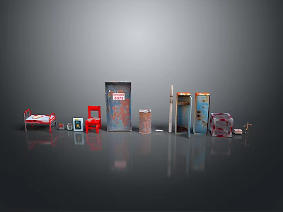 Vintage Red Bed Chair With Old Boxes Cans Glass Bottles on Reflective Gray Floor 3d model
