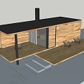 Modern Wooden House with Elevated Deck and Mountain View in Green Grassland