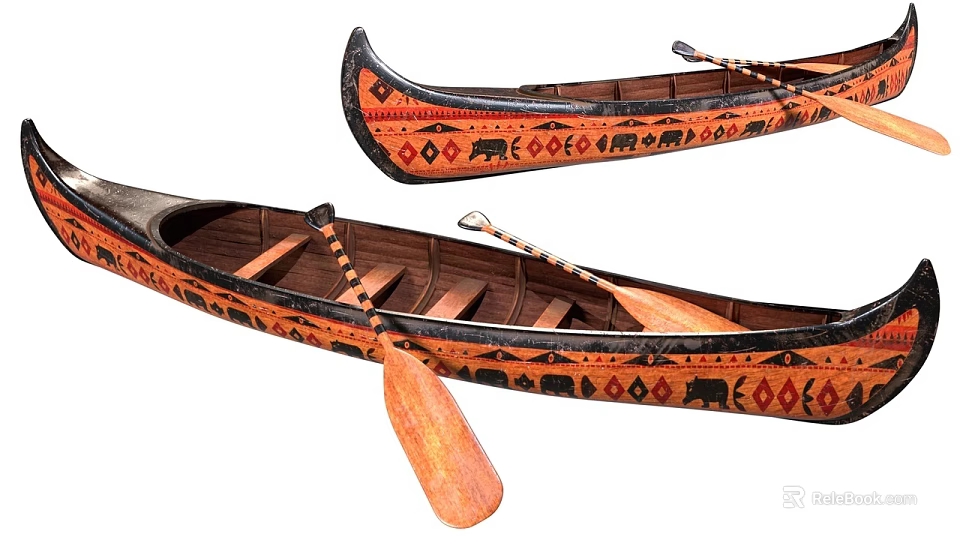 Traditional Wooden Canoes With Colorful Animal And Geometric Patterns And Wooden Paddles 3d model 