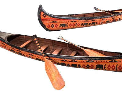 Traditional Wooden Canoes With Colorful Animal And Geometric Patterns And Wooden Paddles 3d model
