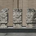 Three Traditional Stone Mythical Beast Sculptures With Bamboo Curtain Background