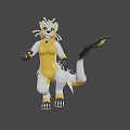 Animated Game Movie Character With Yellow White Fur Blue Eyes Green Collar And Black Paws