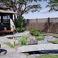 Serene Japanese Karesansui Garden Featuring Thatched Pavilion Stones Mossy Paths And Wooden Fence