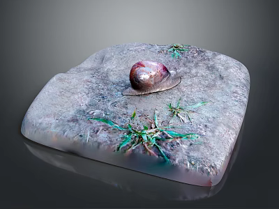 Brown Snail Crawling On Gray Square Stone With Fresh Green Grass 3d model