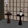 Modern Side Tables With Conical Base Dark Brown Black Vases Flowers Woven Lattice Wall