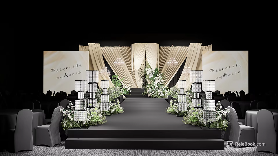 Banquet Hall Interior Design With Elegant Stage Flower Decor And Curtain Lighting 3d model 