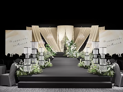 Banquet Hall Interior Design With Elegant Stage Flower Decor And Curtain Lighting 3d model