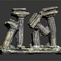 Scenic Ruined Stone Pillar Sculpture with Earth Yellow Gray Hues Worn Traces and Green Moss