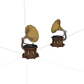 Two Vintage Gramophones With Yellow Horns And Decorative Wooden Bases