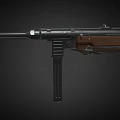 Classic Submachine Gun with Wooden Stock Metal Barrel and Tactical Grip on Black Background