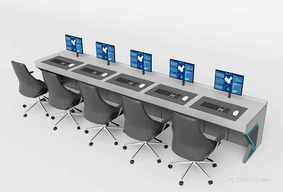 Long Modern Office Desk with Multiple Computer Monitors and Ergonomic Office Chairs in Workspace Setup 3d model 
