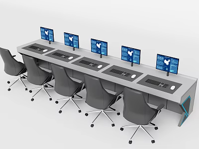 Long Modern Office Desk with Multiple Computer Monitors and Ergonomic Office Chairs in Workspace Setup 3d model