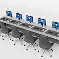 Long Modern Office Desk with Multiple Computer Monitors and Ergonomic Office Chairs in Workspace Setup 3d model