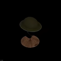 Green Military Style Helmet With Wide Brim And Brown Strap On Mannequin Head
