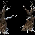 Two Leafless Trees In Snow Covered Tree Pit With Black Background