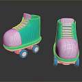 Green Roller Skates With White Toe Blue Laces Blue Wheels On Black Glossy Surface Reflection 3d model
