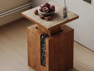 Natural Wood Side Table With Square Top Decorative Stones Bowl Of Pomegranates Scattered Fruits And Glass Vase 3d model