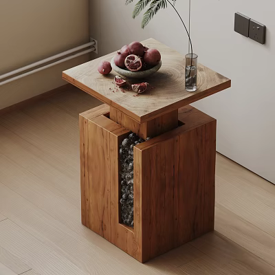 Natural Wood Side Table With Square Top Decorative Stones Bowl Of Pomegranates Scattered Fruits And Glass Vase 3d model