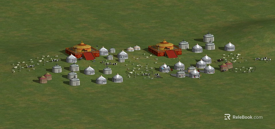Traditional Yurts Settlement On Vast Green Grassland With Sheep Herd 3d model 