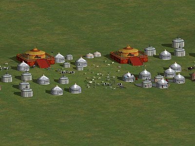 Traditional Yurts Settlement On Vast Green Grassland With Sheep Herd 3d model