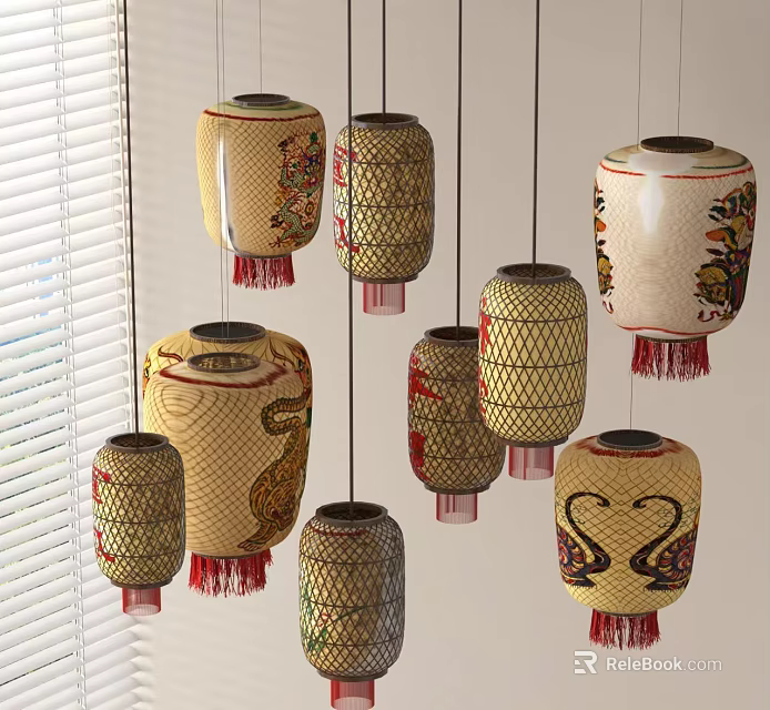 Traditional Hanging Lanterns With Various Intricate Woven Designs And Red Tassels 3d model 