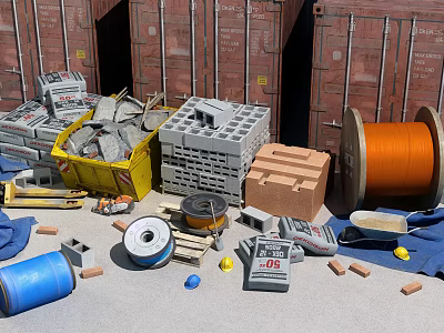 Industrial Equipment On Construction Site With Cable Reel Bricks Tools And Barrels 3d model