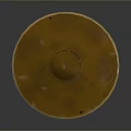 Circular Copper Colored Metal Object With Textured Surface And Green Light Spots On Dark Background