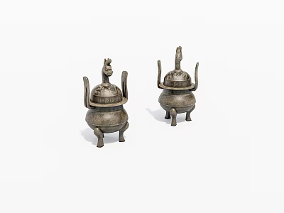 Pair of Traditional Bronze Vessels with Bird Shaped Lids and Three Legs 3d model