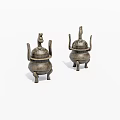Pair of Traditional Bronze Vessels with Bird Shaped Lids and Three Legs