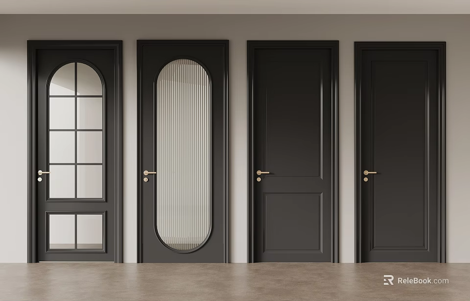 Modern Black Doors With Various Glass Designs And Brass Handles 3d model 